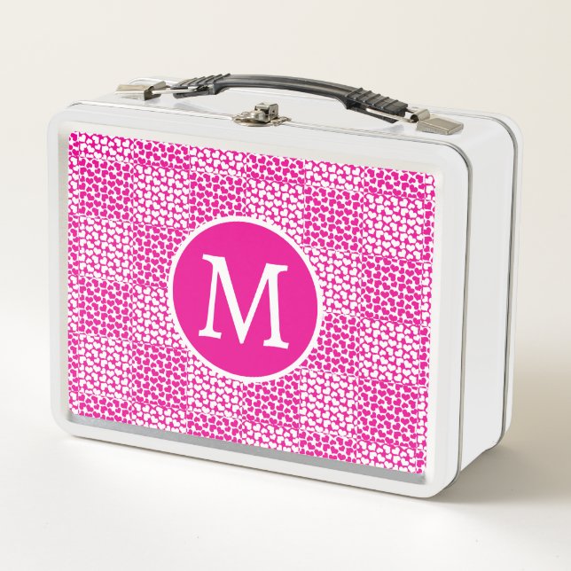 Chequered Love in Magenta and White Monogram Metal Lunch Box (Front)