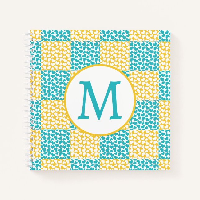 Chequered Love in Turquoise, Yellow, and White Notebook (Front)