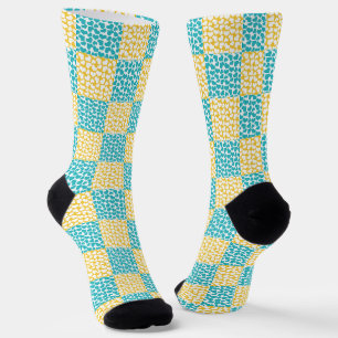 Chequered Love in Turquoise, Yellow, and White Socks