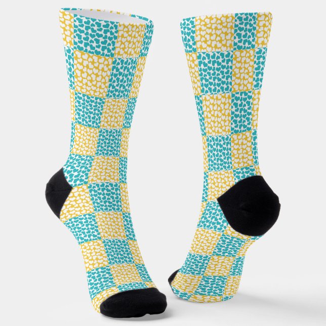 Chequered Love in Turquoise, Yellow, and White Socks (Angled)