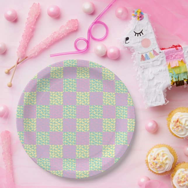 Chequered Love-Pastel Pink, Yellow, Purple & Green Paper Plate (Party)