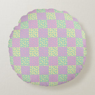 Chequered Love-Pastel Pink, Yellow, Purple & Green Round Cushion