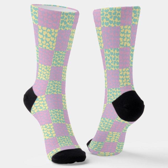 Chequered Love-Pastel Pink, Yellow, Purple & Green Socks (Angled)