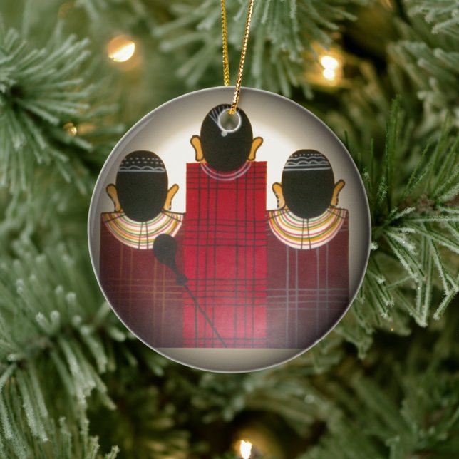 Chequered Maasai Family Portrait Ceramic Tree Decoration (Tree)