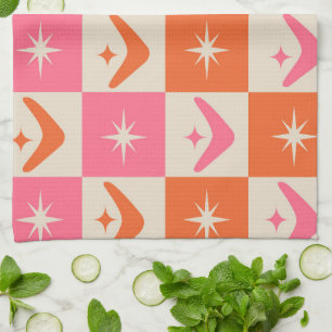 Chequered Mid Century Boomerangs pink and orange Tea Towel