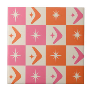 Chequered Mid Century Boomerangs pink and orange  Tile