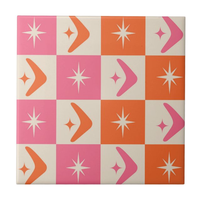 Chequered Mid Century Boomerangs pink and orange  Tile (Front)