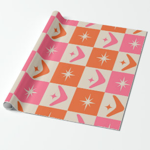 Chequered Mid Century Boomerangs pink and orange Wrapping Paper