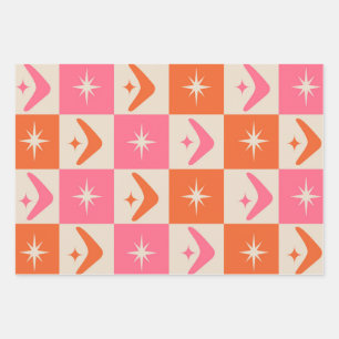 Chequered Mid Century Boomerangs pink and orange Wrapping Paper Sheet