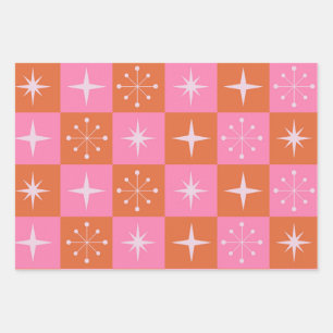 Chequered Mid Century Pink and Orange Starbursts   Wrapping Paper Sheet