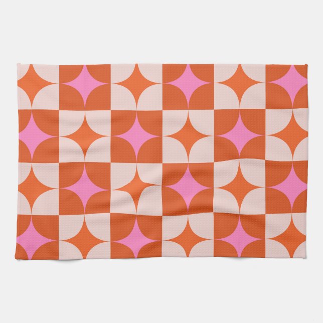 Chequered Mid Century Pink Orange Starbursts  Tea Towel (Horizontal)