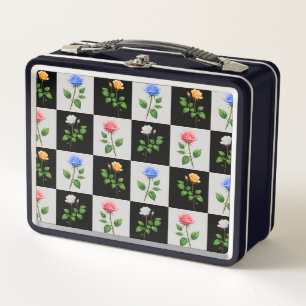 Chequered Multicolored Rose Floral Design  Metal Lunch Box