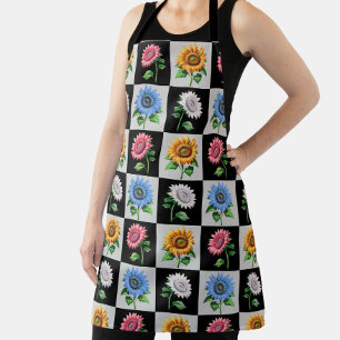 Chequered Multicolored Sunflower Floral Design Apron