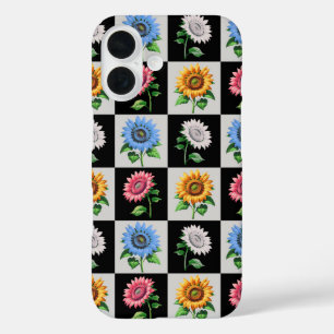 Chequered Multicolored Sunflower Floral Design iPhone 16 Case