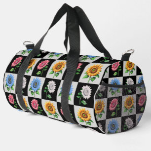 Chequered Multicolored Sunflower Floral Design Duffle Bag