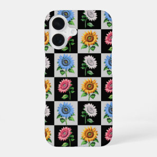 Chequered Multicolored Sunflower Floral Design iPhone 16 Case