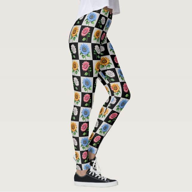 Chequered Multicolored Sunflower Floral Design  Leggings (Creator Uploaded)