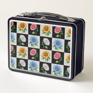 Chequered Multicolored Sunflower Floral Design Metal Lunch Box