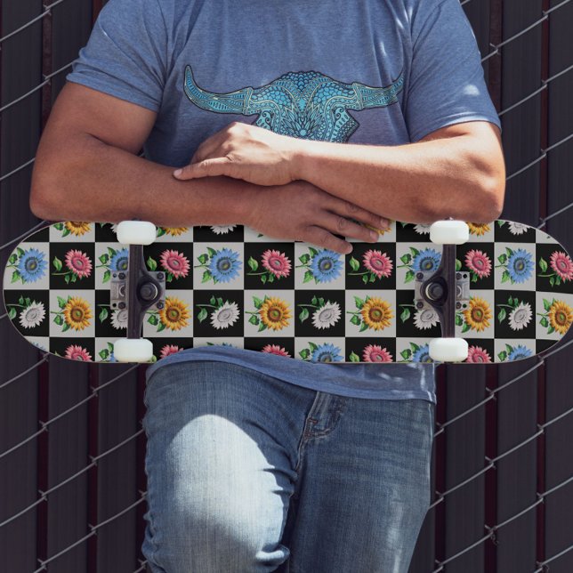 Chequered Multicolored Sunflower Floral Design  Skateboard (Creator Uploaded)