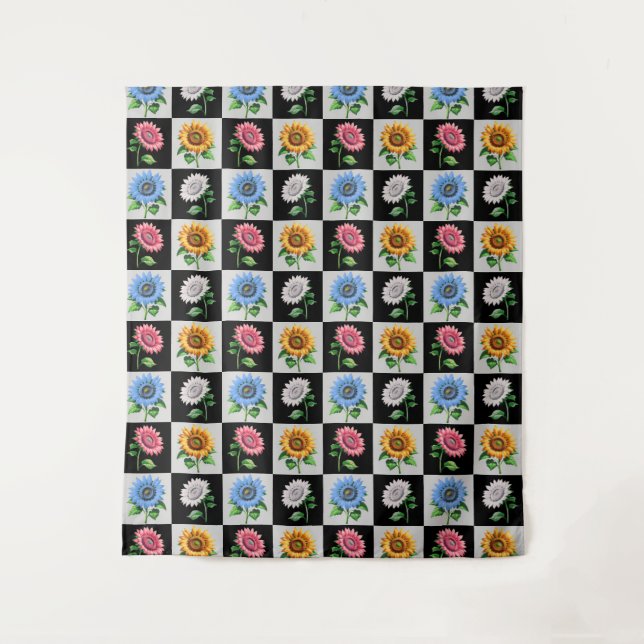 Chequered Multicolored Sunflower Floral Design  Tapestry (Front)