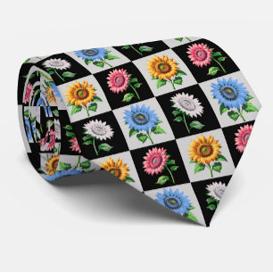 Chequered Multicolored Sunflower Floral Design  Tie