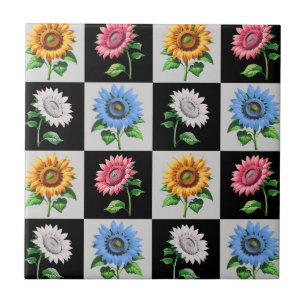 Chequered Multicolored Sunflower Floral Design Tile
