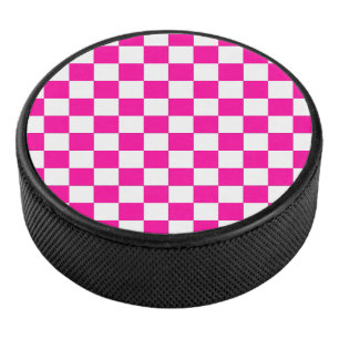 Chequered Neon Pink and White  Hockey Puck