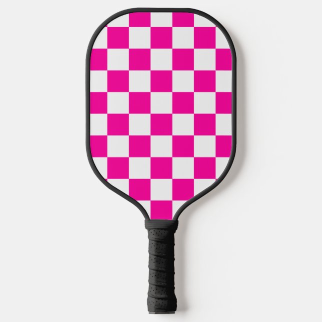 Chequered Neon Pink and White  Pickleball Paddle (Front)