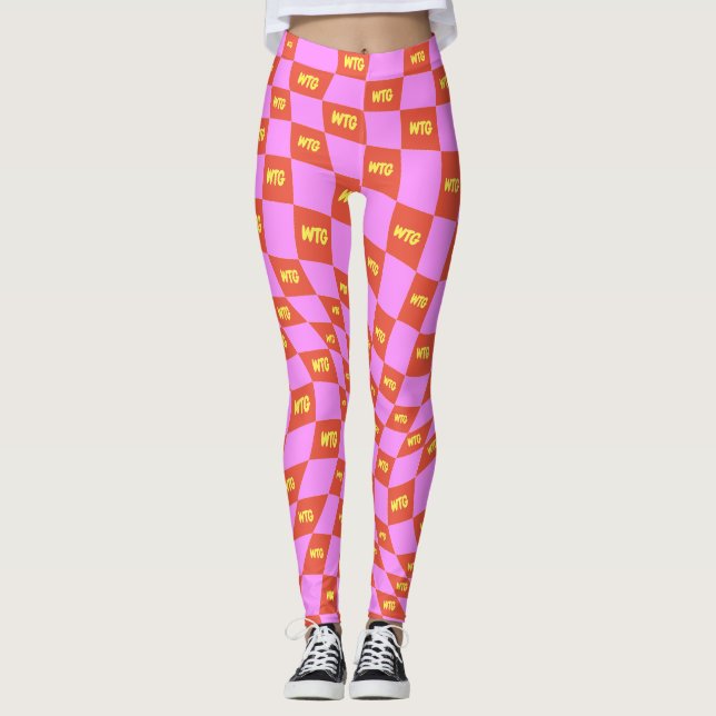 chequered neon pink orange yellow monogrammed  leggings (Front)