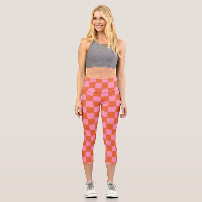 Chequered Orange and Pink  Capri Leggings (Front)
