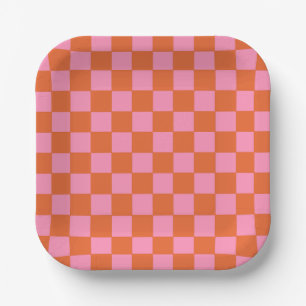 Chequered Orange and Pink Paper Plate
