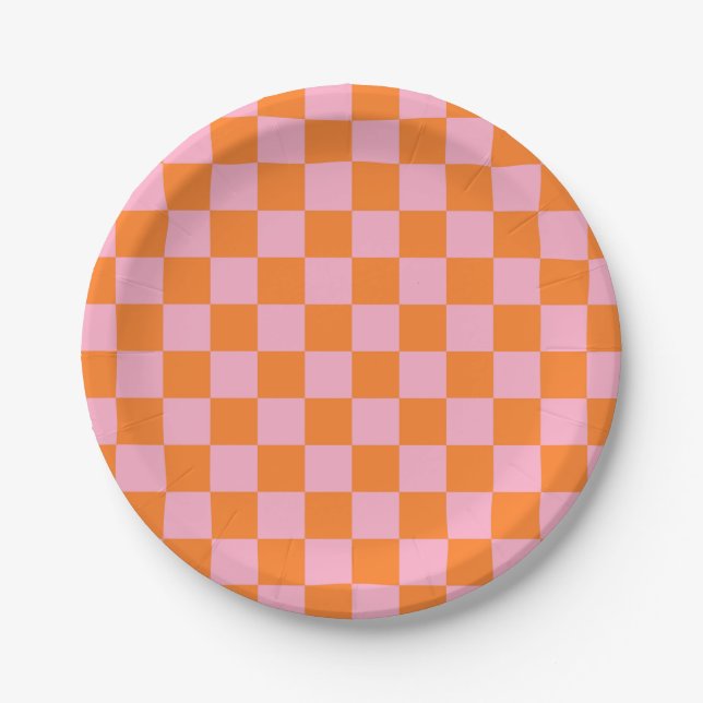 Chequered Orange and Pink Paper Plate (Front)
