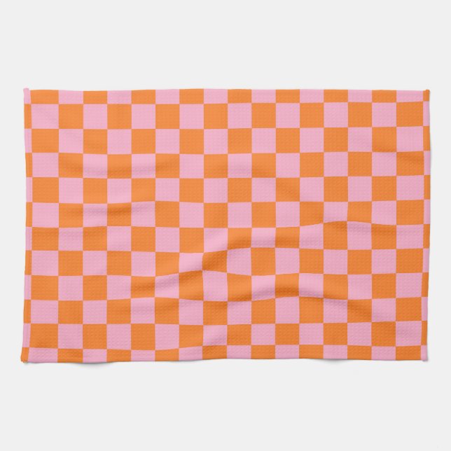 Chequered Orange and Pink Tea Towel (Horizontal)