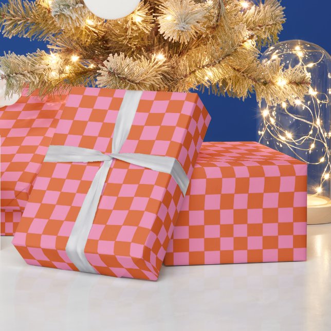 Chequered Orange and Pink Wrapping Paper (Holidays)
