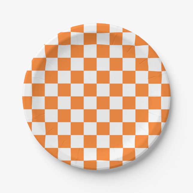 Chequered Orange and White Paper Plate (Front)