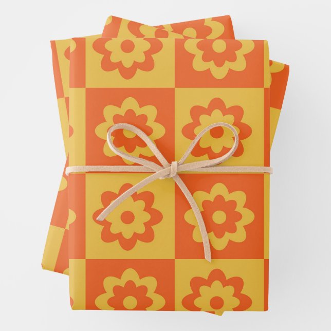 Chequered Orange and Yellow Retro Flowers pattern  Wrapping Paper Sheet (In situ)