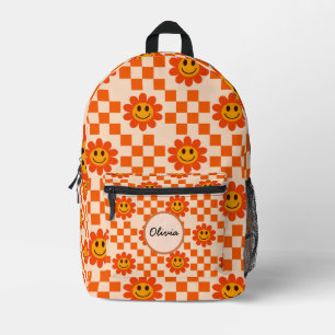 Chequered Orange Smiling Flowers Custom Name  Printed Backpack