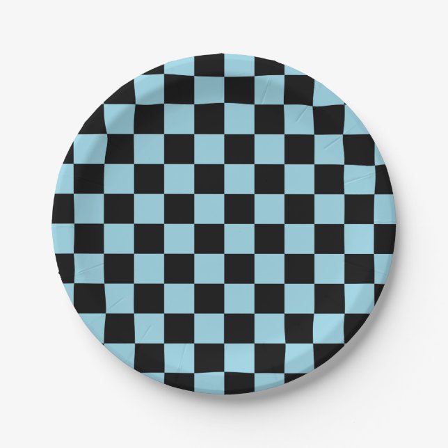 Chequered Pastel Blue and Black Paper Plate (Front)