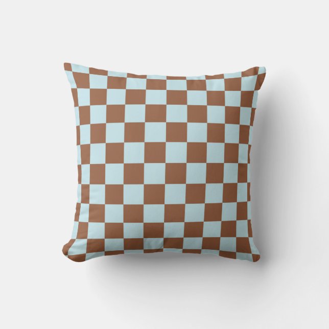 Chequered Pastel Blue and Brown Cushion (Front)