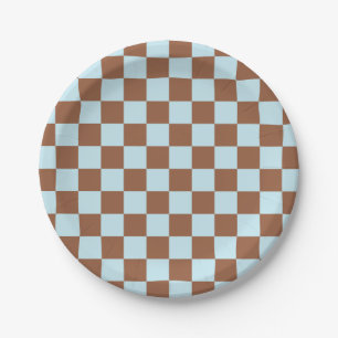 Chequered Pastel Blue and Brown Paper Plate