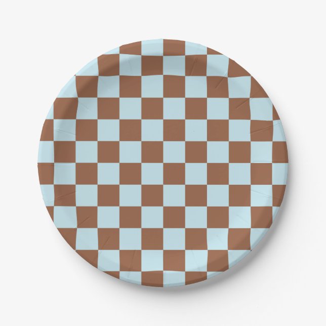 Chequered Pastel Blue and Brown Paper Plate (Front)