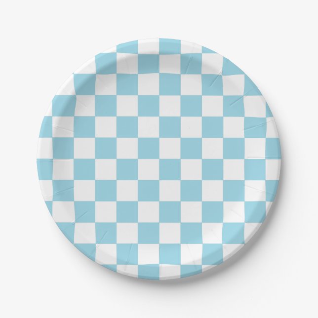 Chequered Pastel Blue and White Paper Plate (Front)