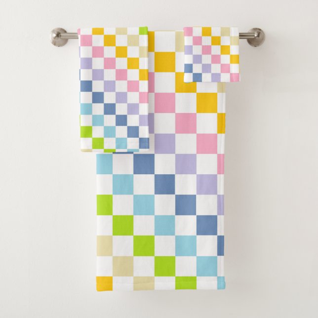 Chequered Pastel Rainbow Bath Towel Set (Insitu)