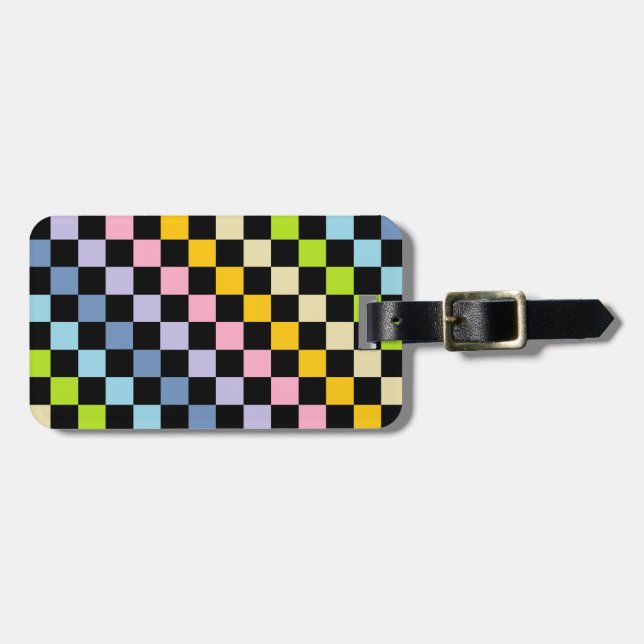 Chequered Pastel Rainbow Black Luggage Tag (Front Horizontal)