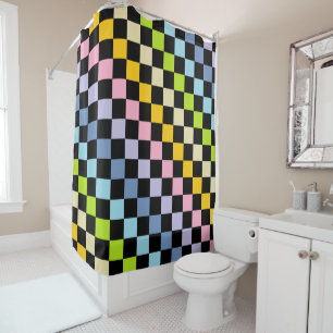 Chequered Pastel Rainbow Black Shower Curtain