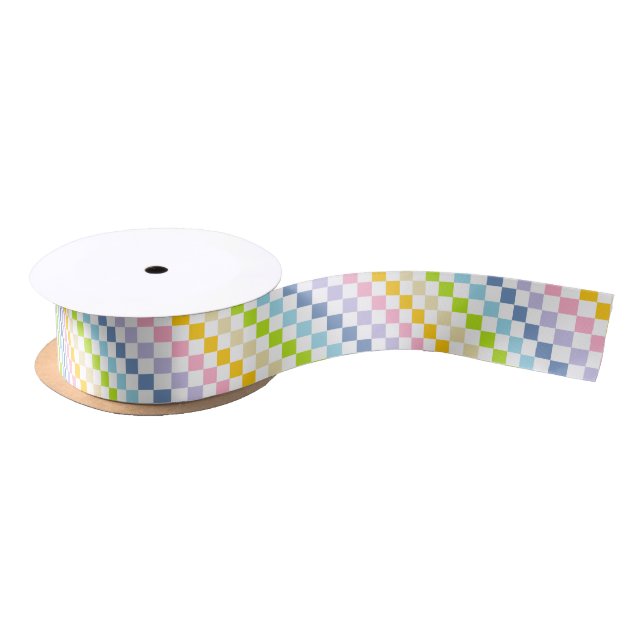 Chequered Pastel Rainbow Satin Ribbon (Spool)