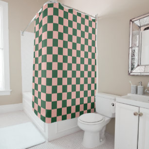 Chequered Pattern Blush Pink and Hunter Green Shower Curtain