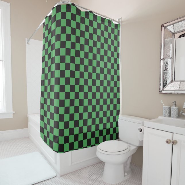 chequered pattern chequered squares chess green bl shower curtain (In Situ)