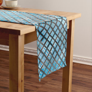 Chequered pattern diagonal grey 02.w Lblue BG Long Table Runner