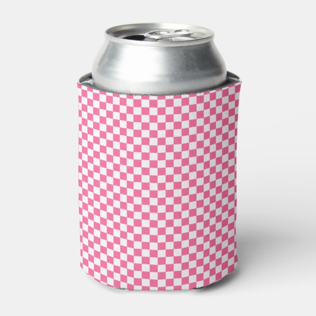 Chequered Pattern Girly Geometric Pink And White Can Cooler (Can Front)